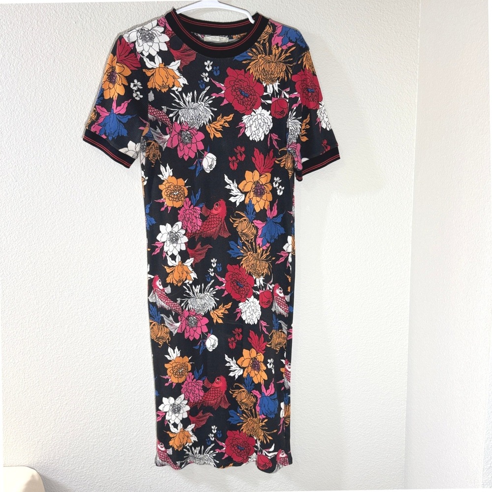 Zara Trafaluc Floral Koi Fish Print Ribbed Midi Dress Black Red Striped Trim L